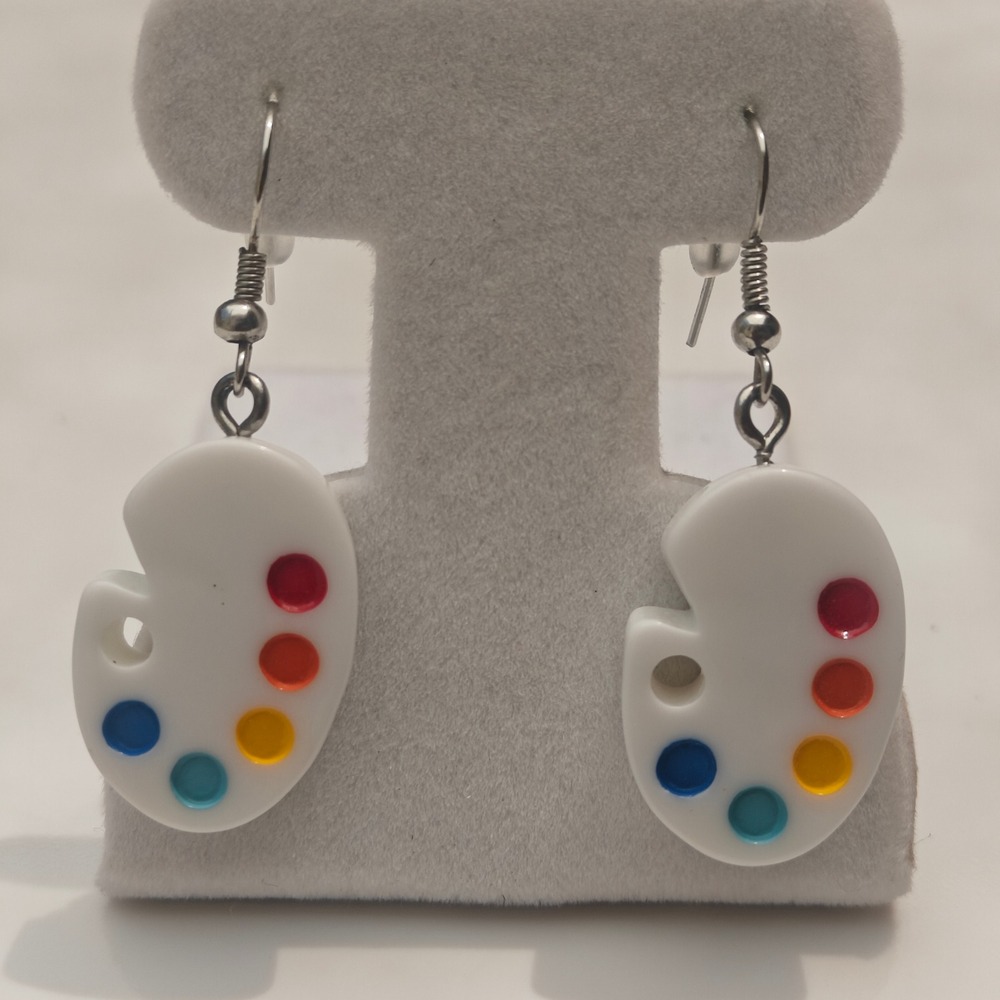 Artist Palette Drop Earrings White Multicolor Paint Wells Novelty Art Teacher